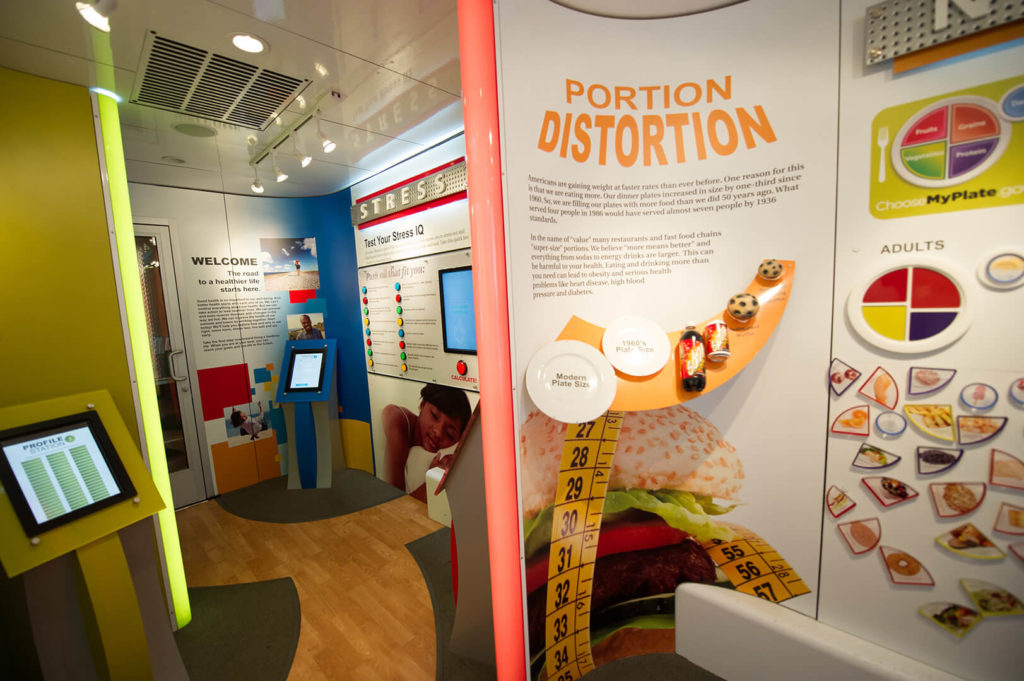 Portion Distortion station inside Cigna's mobile exhibit trailer, highlighting the need for better nutrition